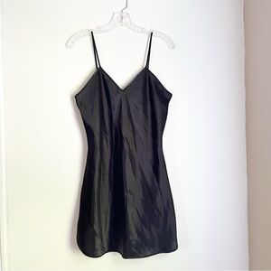 Vintage Cadaz Charcoal Black Luxurious Satin Slip Dress with V-Neck, Vented Hem